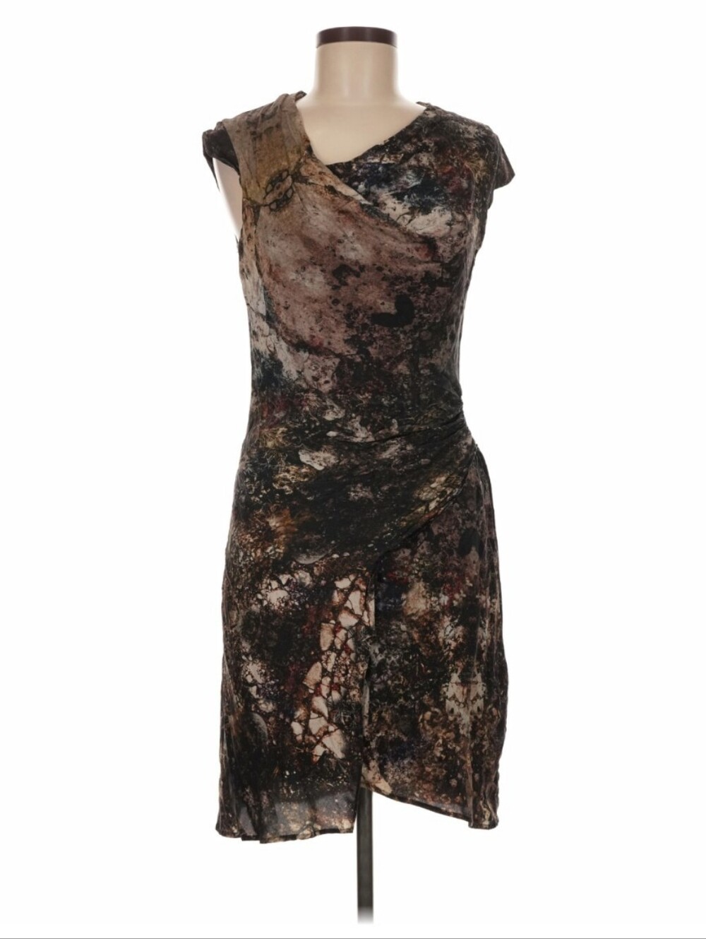 Helmut Lang Silk Abstract Gravel Print Asymmetric-Drape Cowl Faux Wrap Dress 6